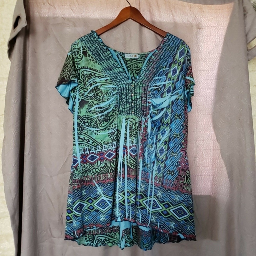 Unity World Wear Blouse Womens Plus 1X Multicolor V Neck Short Sleeve Tunic Top